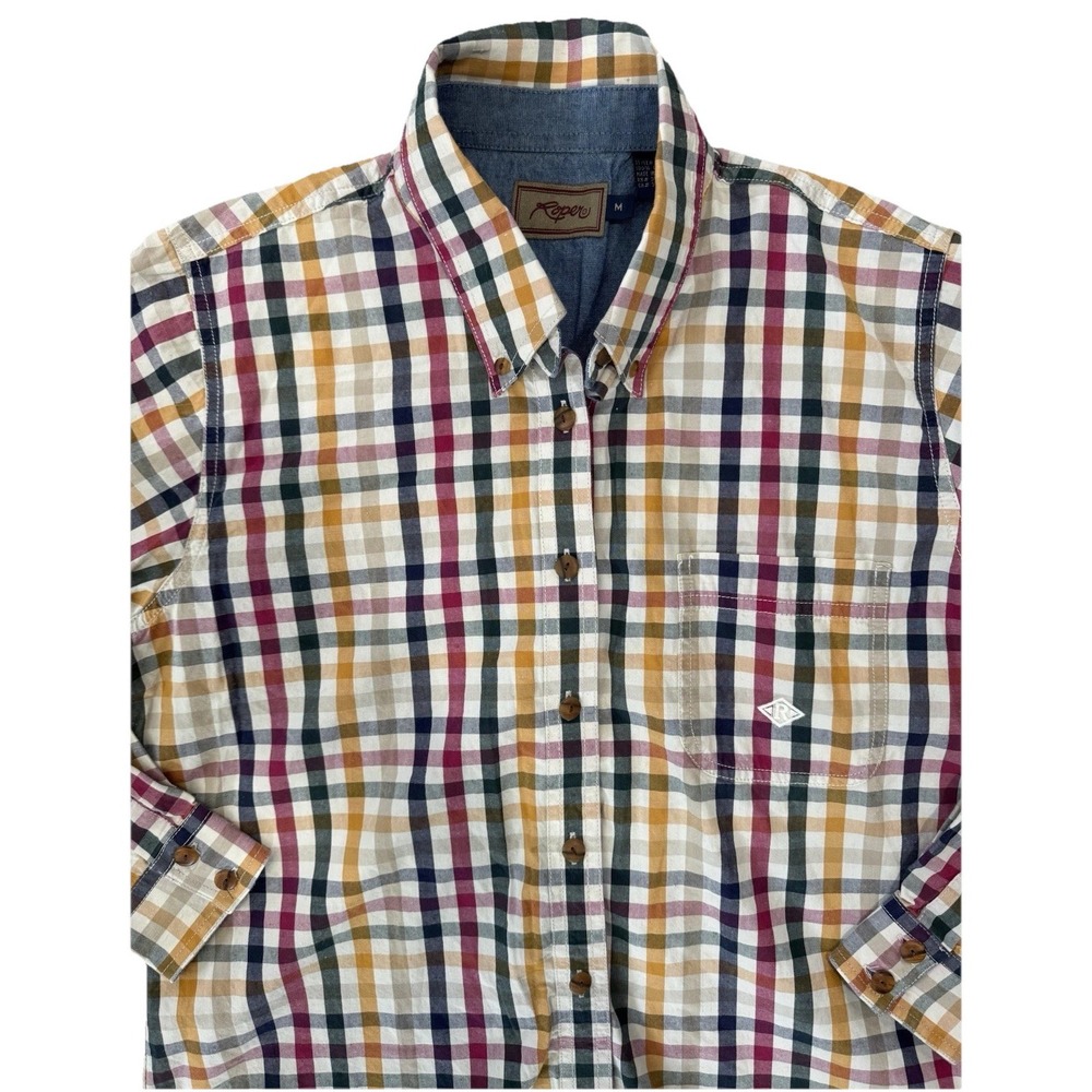 Vintage Roper Button Up Shirt Mens Medium Collared Logo Plaid Multicolor